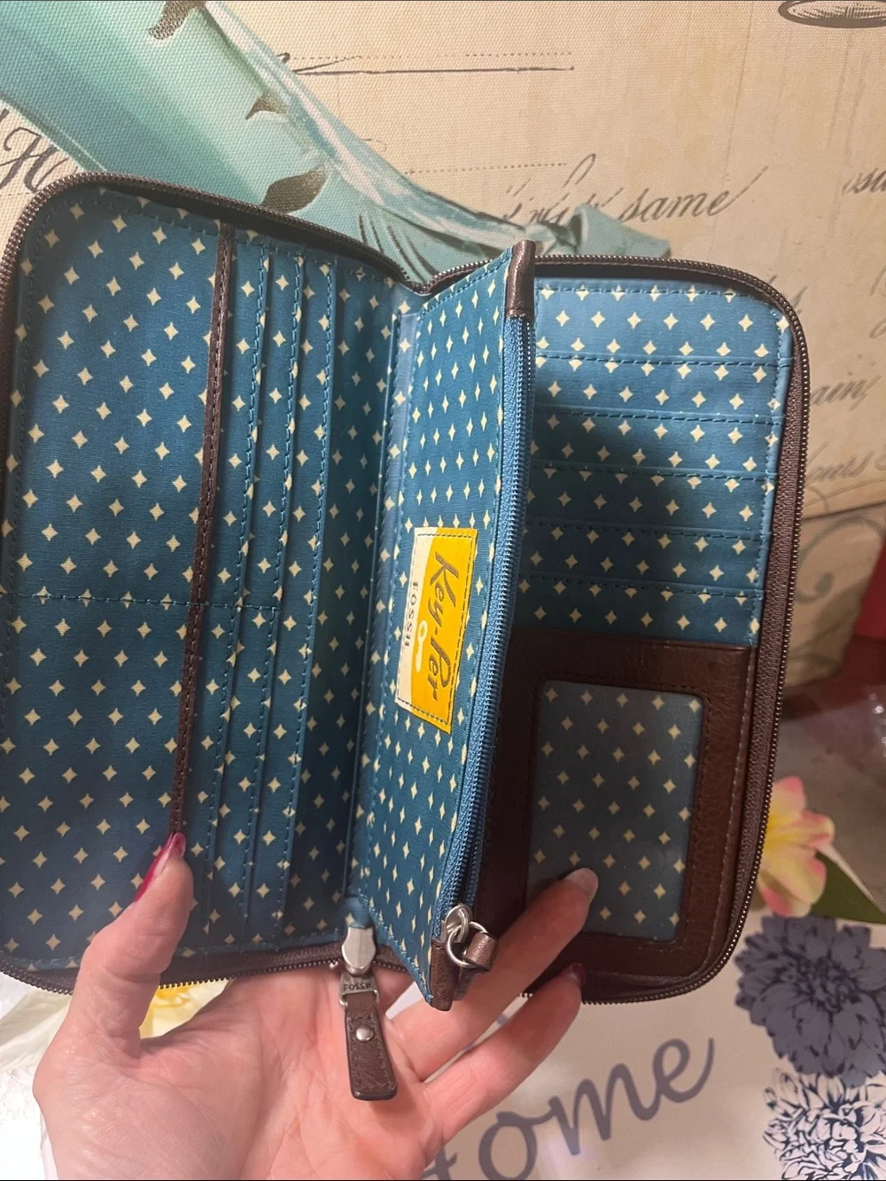 Fossil Brown Floral Pattern Zip Wallet with Multicolor Accents